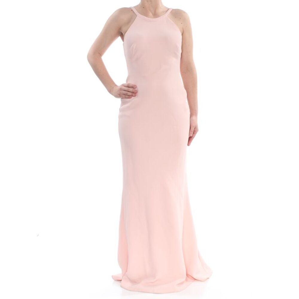 AQUA Womens Pink Darted Sleeveless Halter Full-Length Prom Dress 6